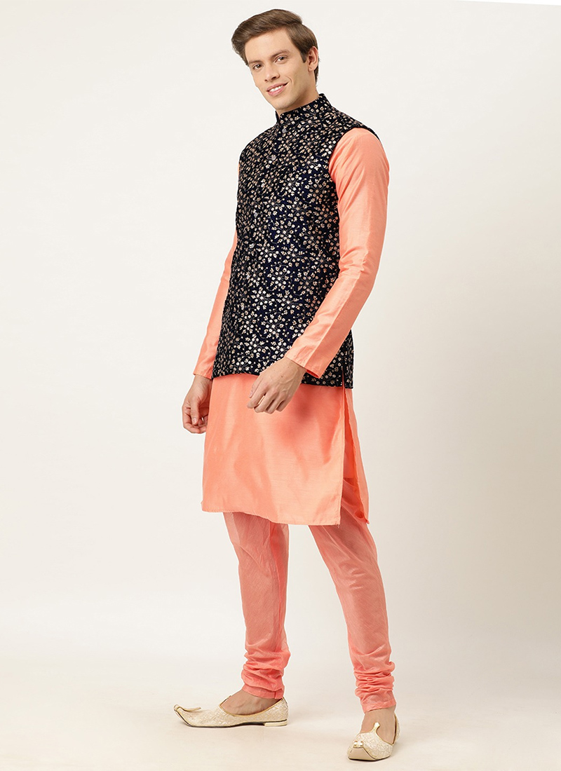 Teen Boys Blue Velvet Embroidered N Peach Bandi Set