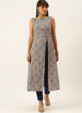 Teen Girls Blue Foil N Skipper Blue Kurta Straight Pant Set