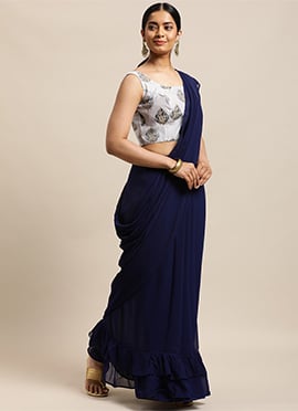 Teen Girls Blue Georgette Saree N Grey Chanderi Bl