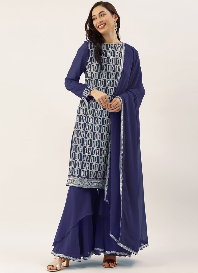 Teen Girls Dark Blue Embroidered Asymmetrical Gharara Suit Festive Wear