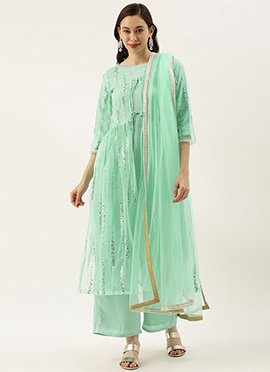 Teen Girls Green Embroidered Jacket Style Wide Leg Pant Set