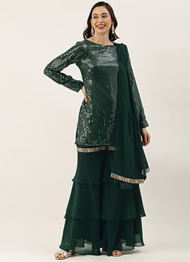 Teen Girls Green Georgette Embroidered Layered Gharara Suit