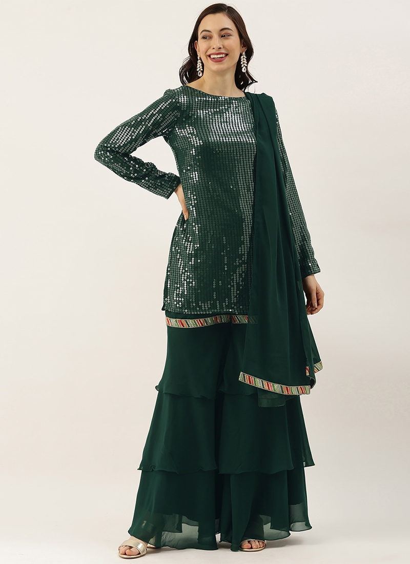 Teen Girls Green Georgette Embroidered Layered Gharara Suit Party Wear