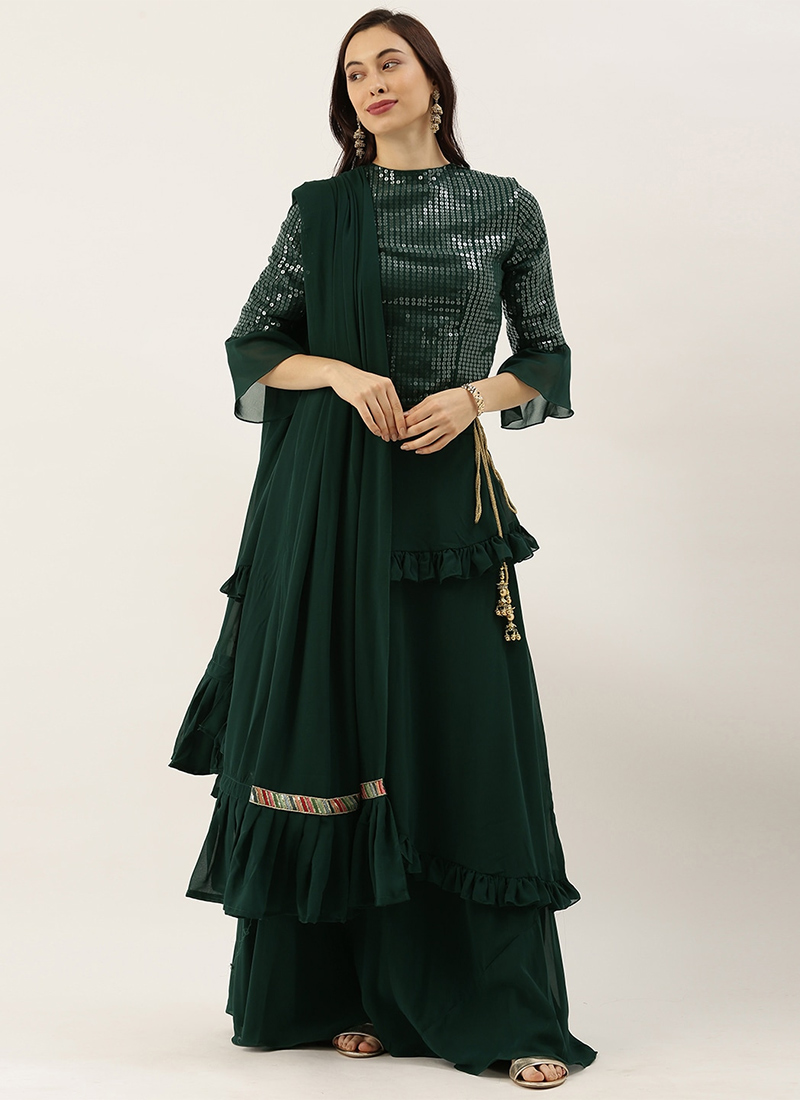 Teen Girls Green Georgette Embroidered Layered Leh