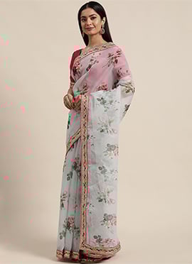 Teen Girls Grey Digital Printed Organza Saree With Choli