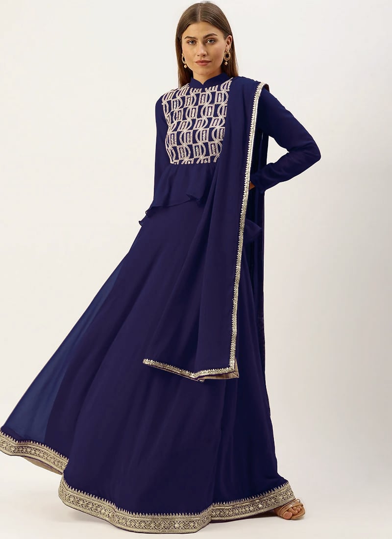 Teen Girls Long Choli Full Sleeve Dark Blue Georgette Lehenga Festive Wear