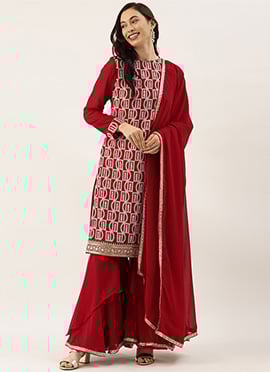 Teen Girls Maroon Embroidered Gharara Suit