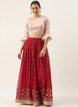 Teen Girls Pink Embroidered Crop Top N Skirt Set