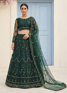 Tikki Work Embroidered Green Net A Line Lehenga Dressy Women