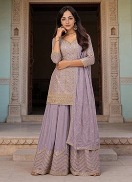 Timeless Beauty Lavender Chinon Zari Embroidered Sequins Palazzo Suit