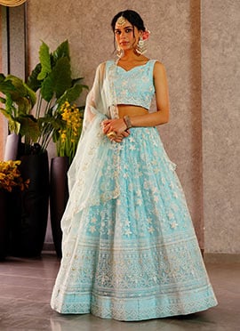 Timeless Sky Blue Net Zari Embroidered Sequins Lehenga