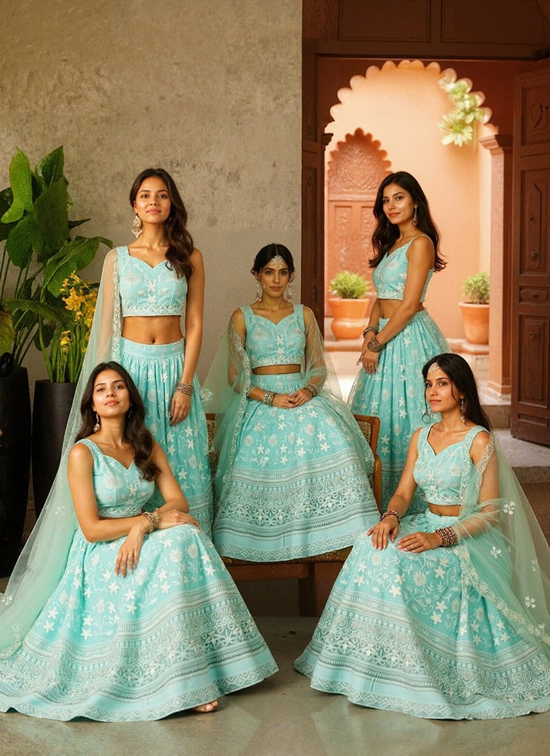 Timeless Sky Blue Net Zari Embroidered Sequins Lehenga Wedding Wear