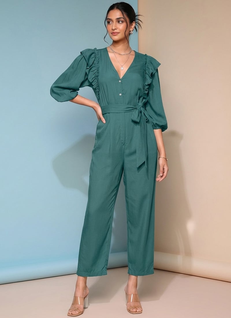 Trendy Green cotton Indowestern Jumpsuit With Modern Chic Drip After Six Wear