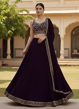 Trendy Purple Georgette Zari Sequins Hand Embroidered Umbrella Lehenga