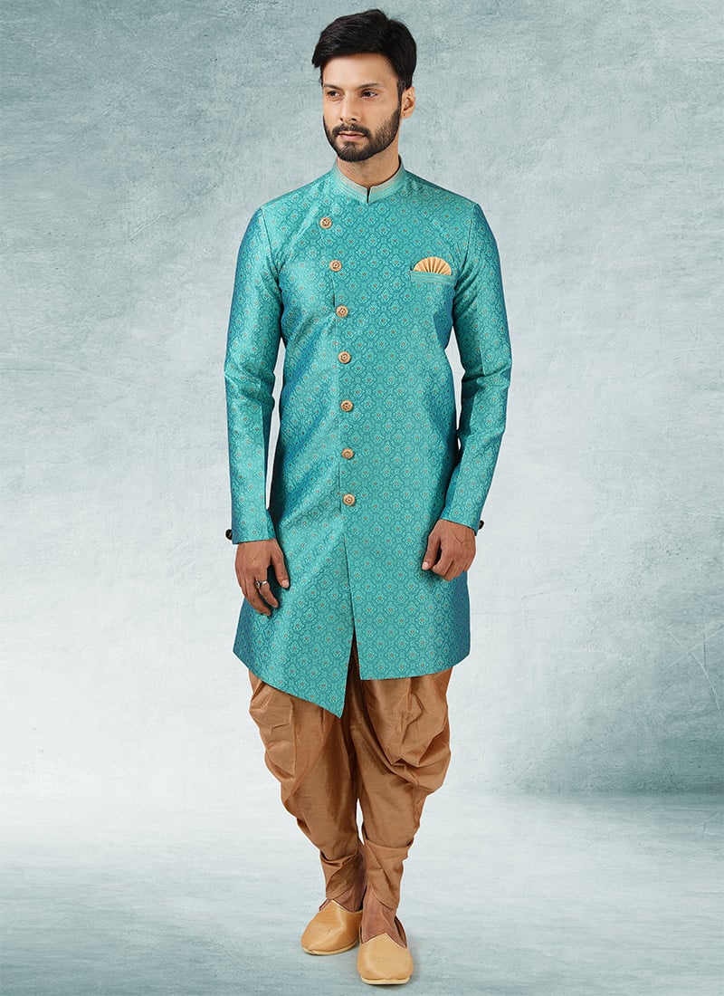 Turquoise Art Silk Jacquard Classic Sherwani Party Wear