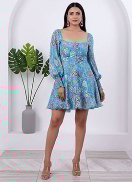 Teen Girls Turquoise Blue Digital Printed Smocking Dress