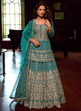 Turquoise Blue Georgette Embroidered Sequins Stones Beads Mirror Work A Line Lehenga
