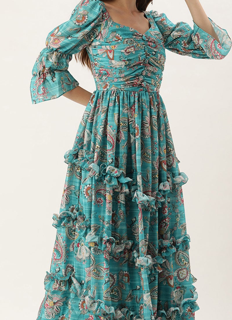 Turquoise Printed Ponchhon Style Dress