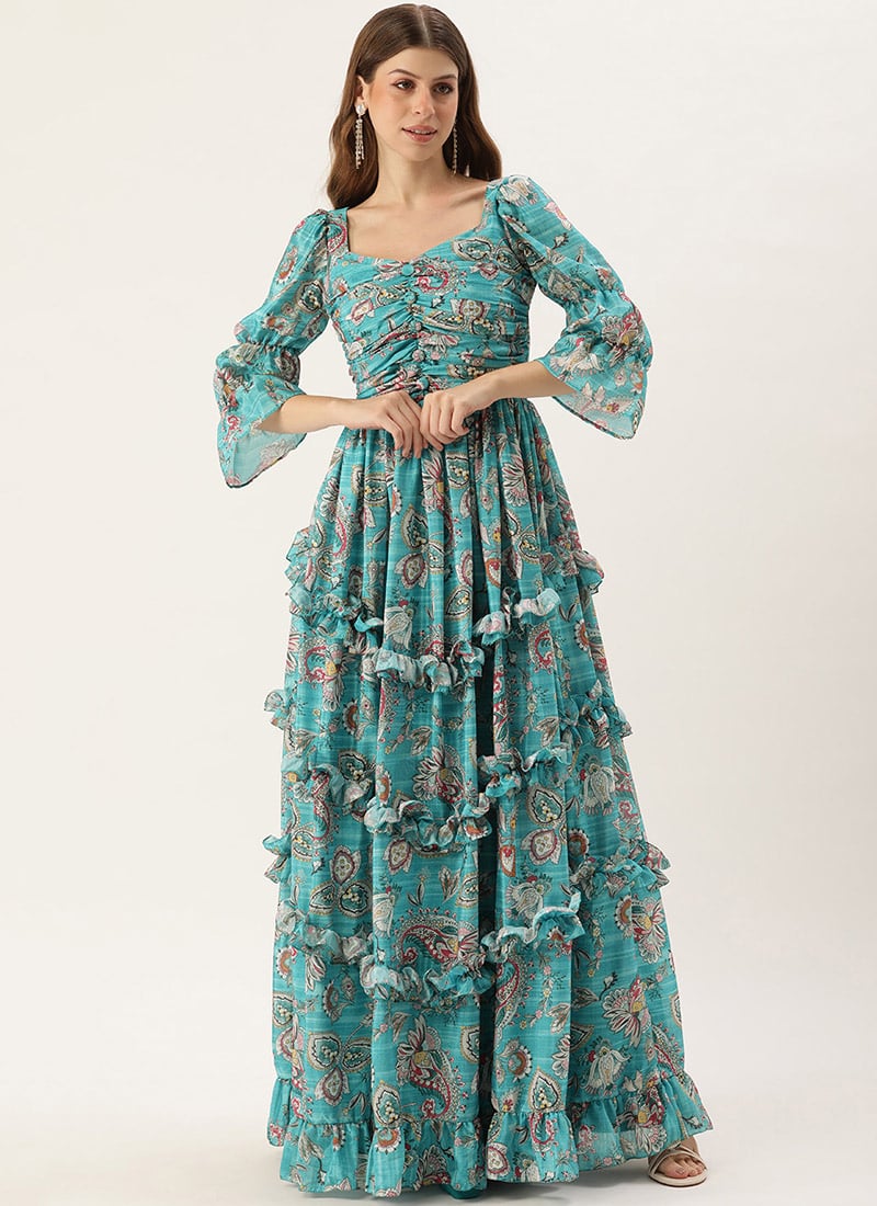 Turquoise Chinon Ruching Style Gown