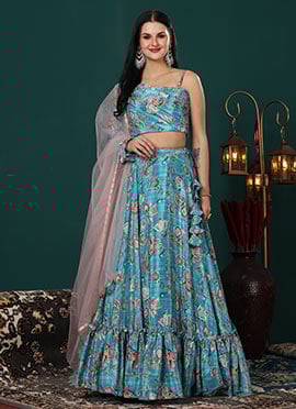 Turquoise Digital Printed Chinon Lehenga Set