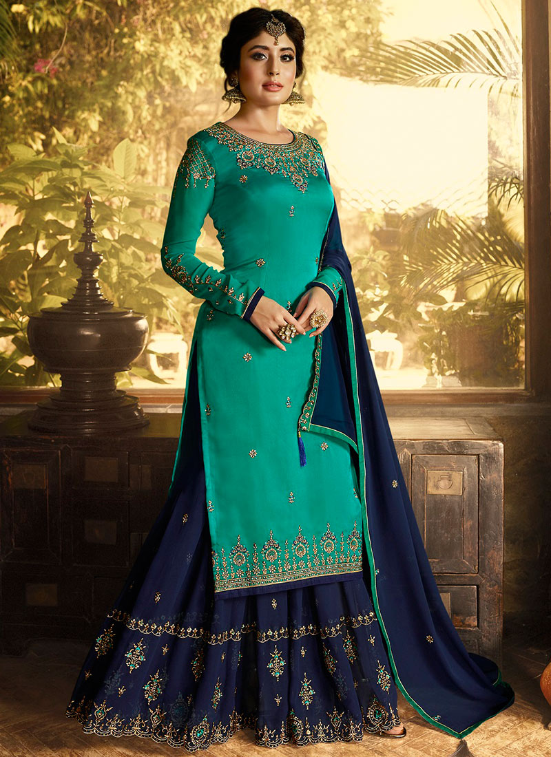 Buy Turquoise Embroidered Sharara Suit, Embroidered, sharara suit Online Shopping | SLSCC3722362