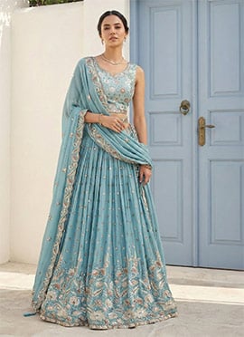 Turquoise Georgette Cord Work Emboidered Sequins Lehenga