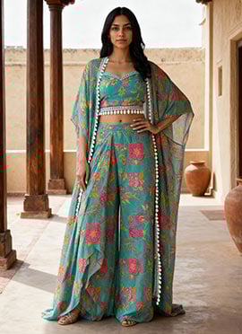 Turquoise Faux Georgette Digital Print Indowestern Jacket Skirt  Set