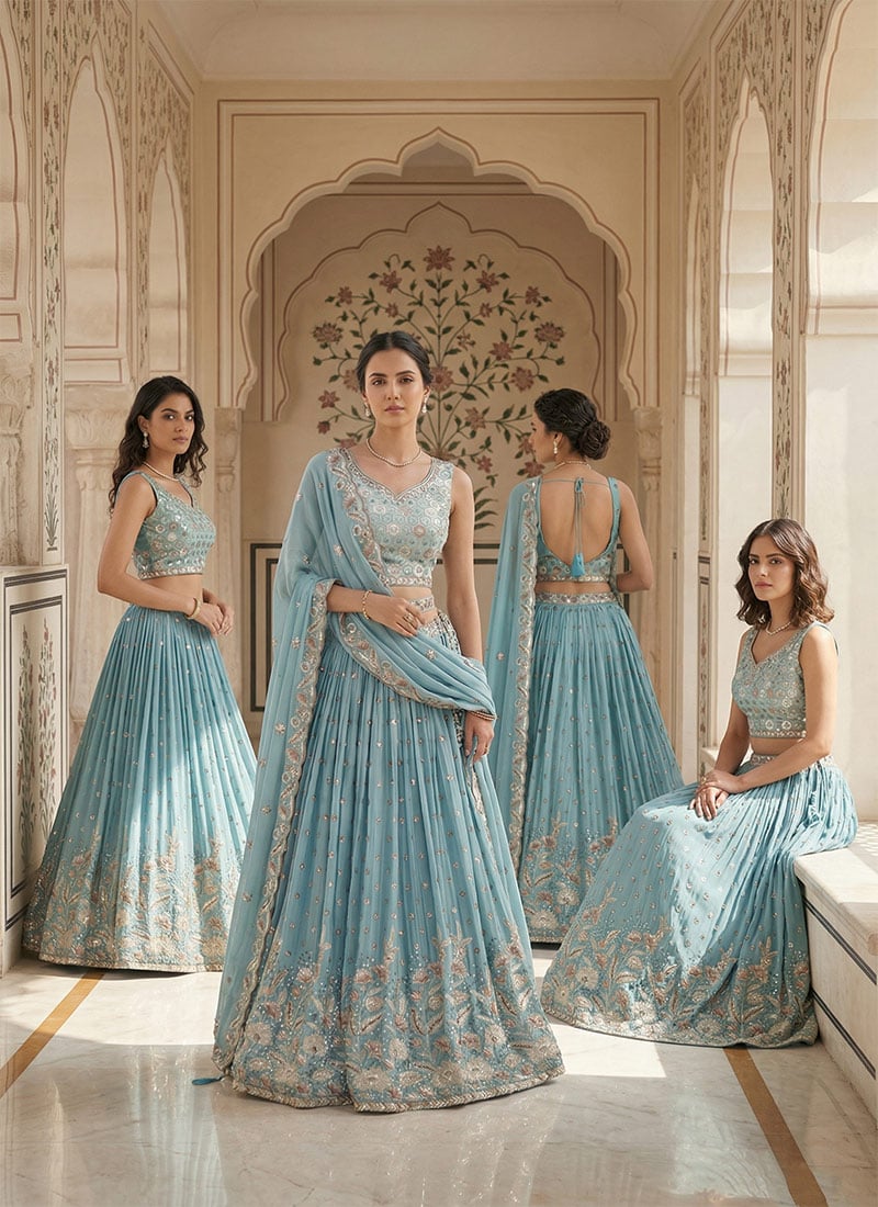 Turquoise Georgette Cord Work Emboidered Sequins Lehenga Wedding Wear