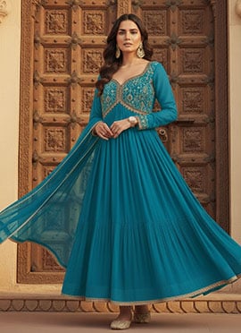 Turquoise Georgette Zari Sequin Embellished Anarkali Suit