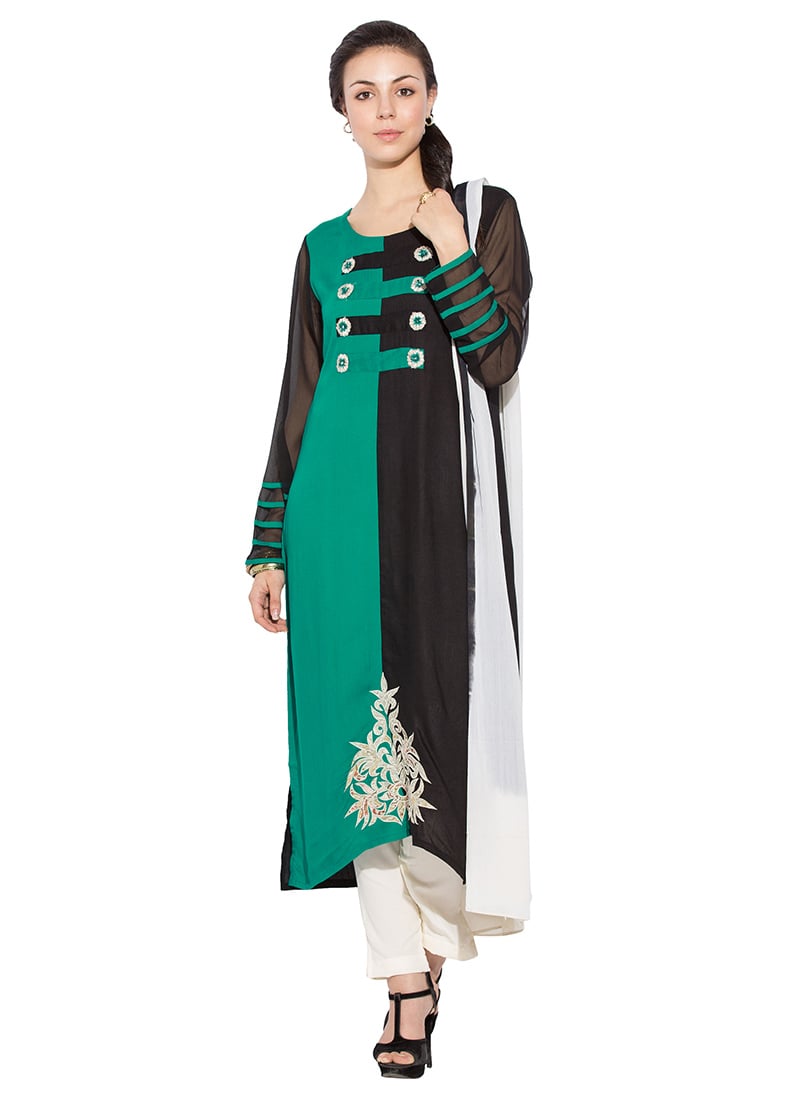 Turquoise Green N Black Viscose Straight Pant Suit After Six Wear