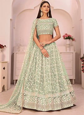 Turquoise Green Net Embroidery A Line Lehenga