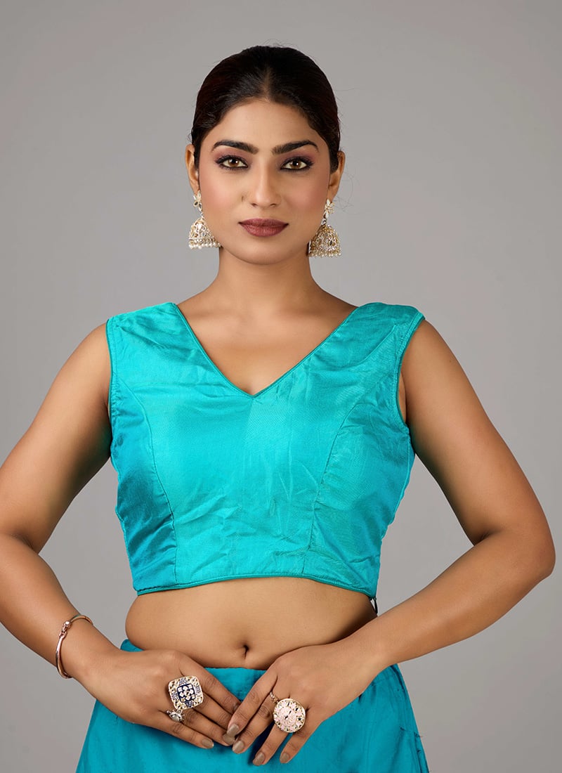 Turquoise Green Poly Silk Sleeveless Blouse Festive Wear