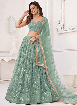 Turquoise Net Hand Work Wedding Umbrella Lehenga With Embroidery And Sequins