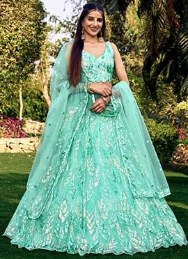 Turquoise Net Sequins Lehenga Choli And Dupatta For Wedding Reception