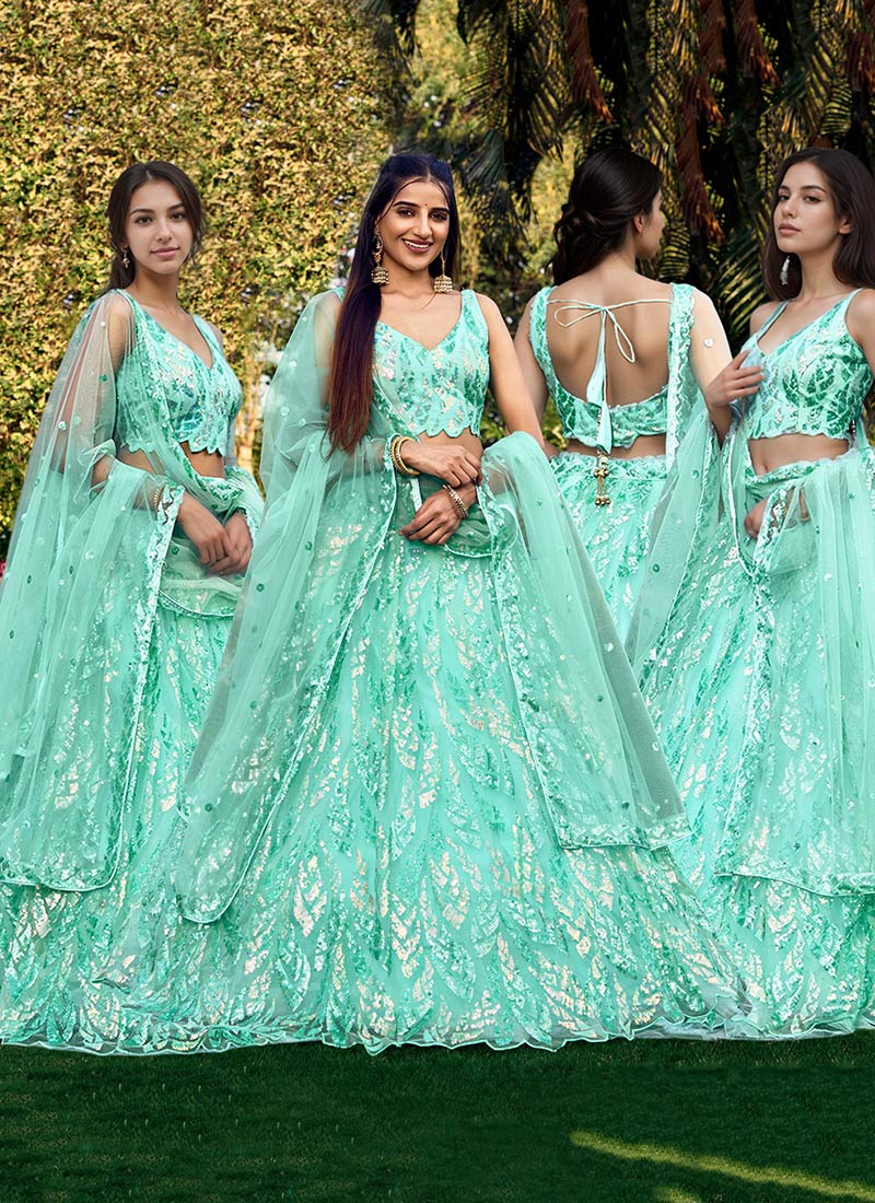 Turquoise Net Sequins Lehenga Choli And Dupatta For Wedding Reception Party Wear
