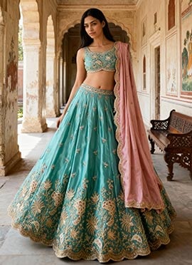 Turquoise Satin Embroidered Sequins Lehenga