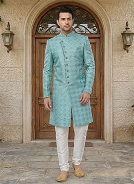 Turquoise Sequins Silk Classic Sherwani
