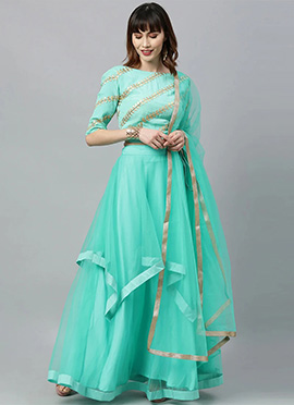 Turquoises Embroidered Handkerchief Lehenga Set