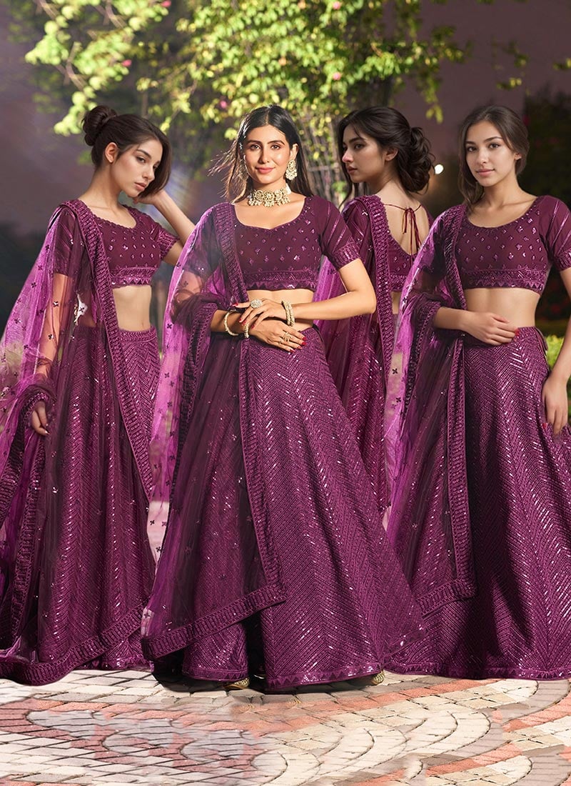 Umbrella Lehenga In Dark Wine Georgette Thread Embroidered Sequins For Elegant Wedding Wear