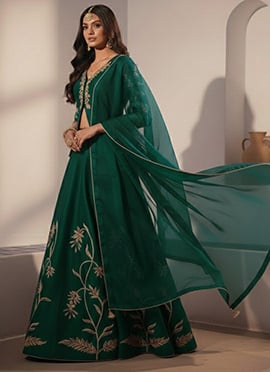Vibrant Green Silk Zari Sequins Embroidered A Line Lehenga