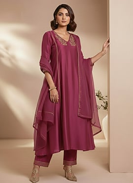 Vibrant Magenta Silk Sequins Hand Embroidered Anarkali Suit