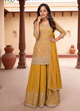 Vibrant Mustard Palazzo Suit With Gota Embroidered And Sequin Embellishments