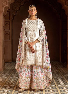 Vibrant White Faux Georgette Digital Print Zari Sequins Sharara Suit Festive Wear