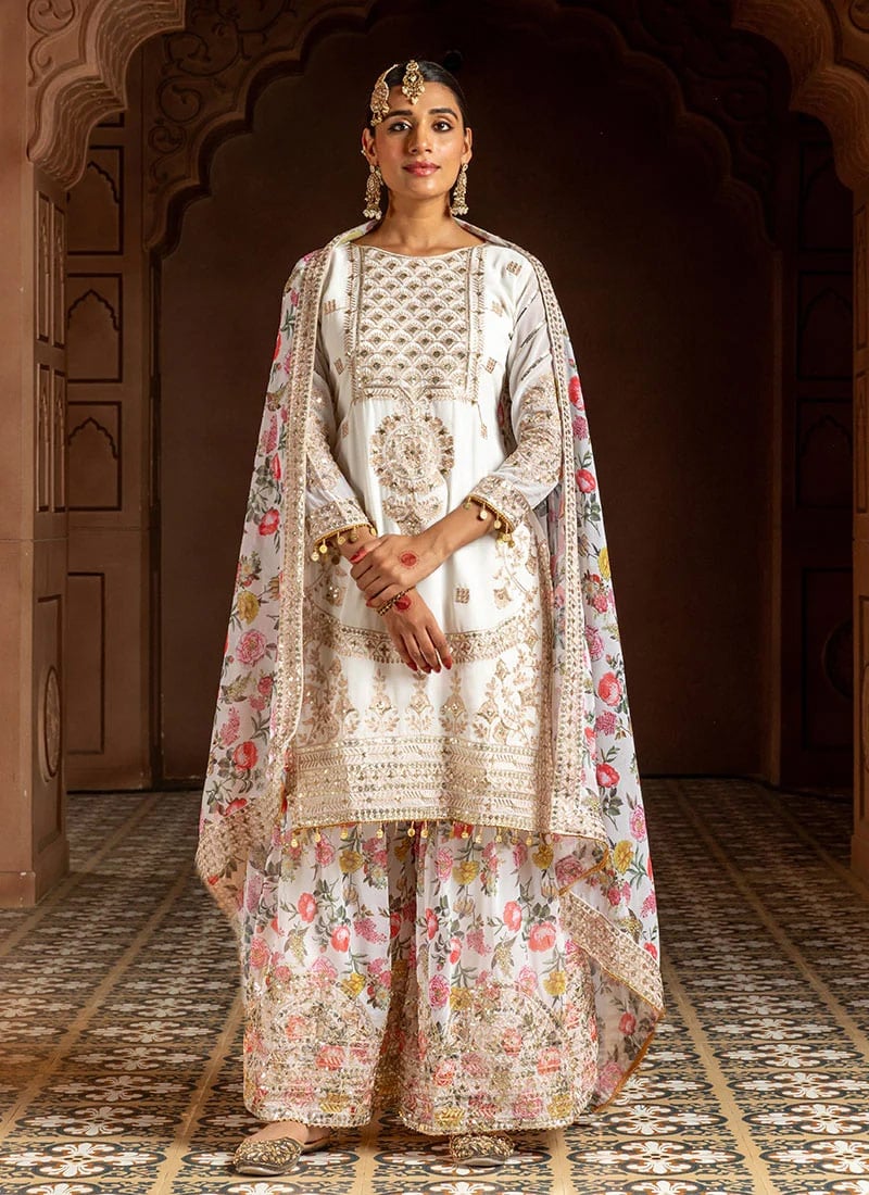 Vibrant White Faux Georgette Digital Print Zari Sequins Sharara Suit Festive Wear