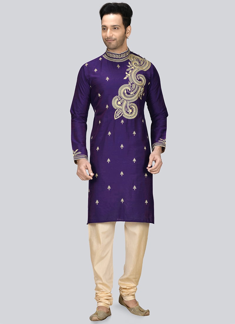 Violet Dupion Silk Embroidered Kurta Pyjama