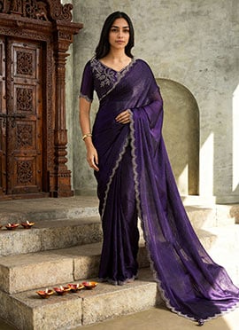 Violet Faux Chiffon Stones Saree  Festive Wear