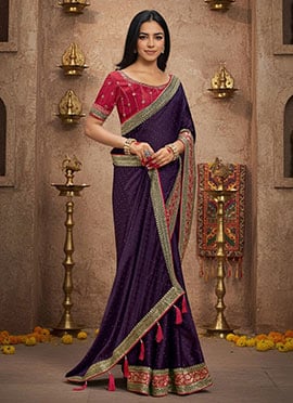 Violet Satin Embroidered Stones And Zari Saree