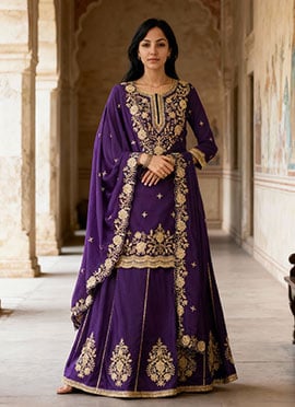 Violet Vichitra Silk Embroidered A Line Lehenga Wedding Wear