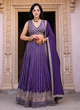 Violet Viscose Silk Zari Embroidered Sequins Elegant Lehenga