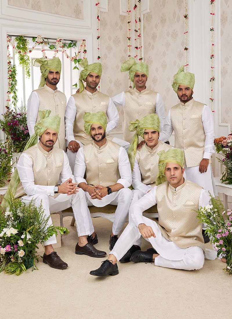 White Banarasi Silk Embroidered Bandi Set Wedding Wear